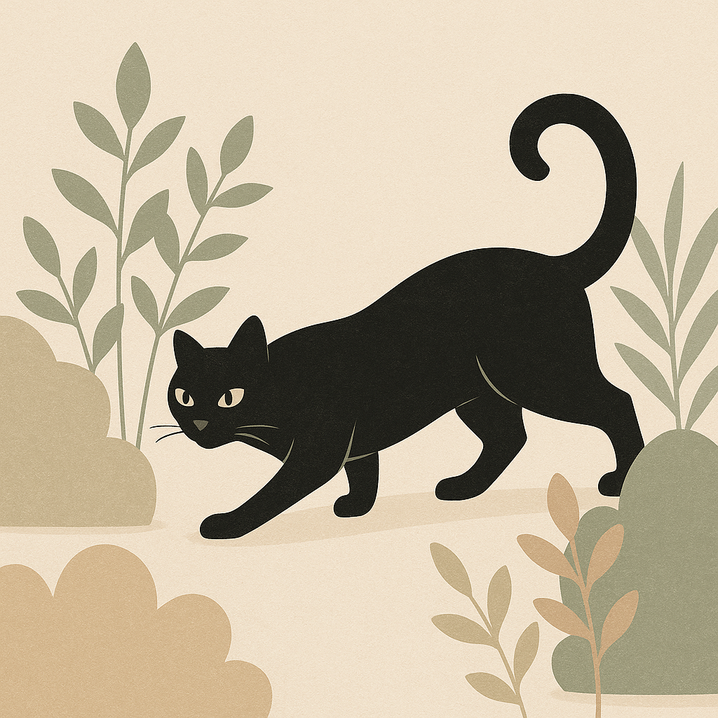 Illustration of a black cat prowling through a stylized garden with abstract green and beige foliage. The cat has an arched back and a curled tail, appearing alert and stealthy against a light beige background.